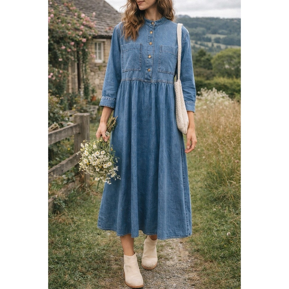 Studio‎ Ease Denim Midi Dress 12 Button Cottagecore Minimalist Pockets Relaxed - Picture 2 of 11